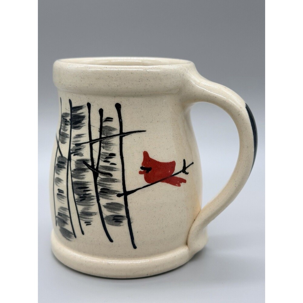 Rowe Pottery Winter Birch Cardinal Coffee Mug Stoneware Artisan USA 14oz Mint